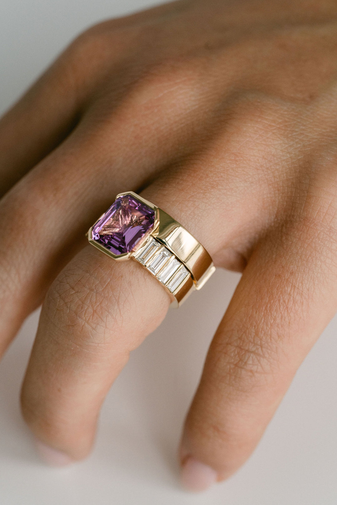 Emerald Cut Pink Sapphire Half Bezel With Bar Set Baguette Diamond Band - Cavalier Spring Bridal 2024