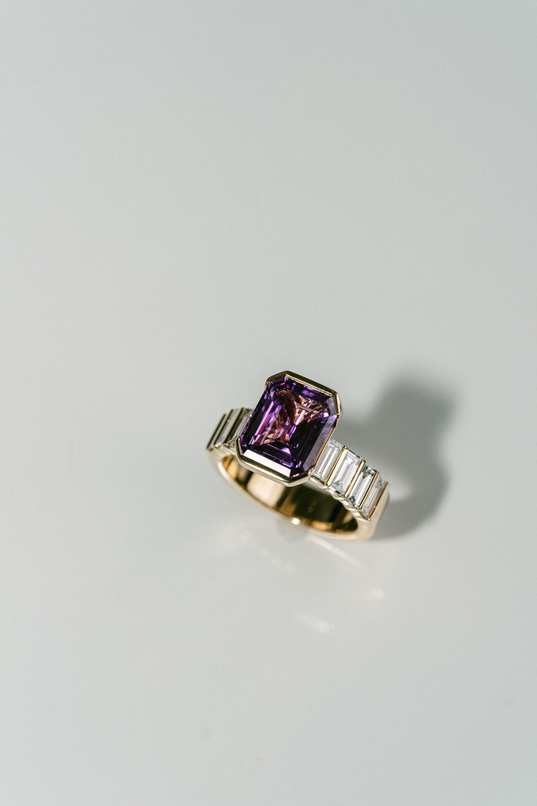 Emerald Cut Pink Sapphire Half Bezel With Bar Set Baguette Diamond Band - Cavalier Spring Bridal 2024