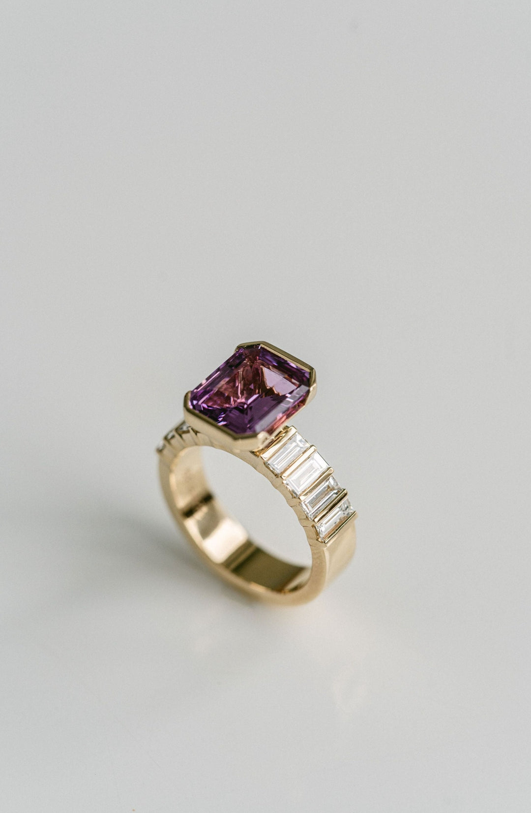 Emerald Cut Pink Sapphire Half Bezel With Bar Set Baguette Diamond Band - Cavalier Spring Bridal 2024