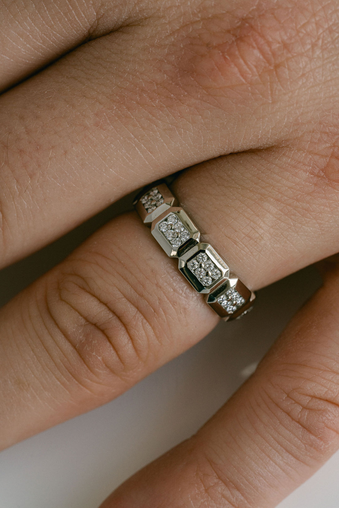 Faceted Geometric Diamond Pavè Mens Band