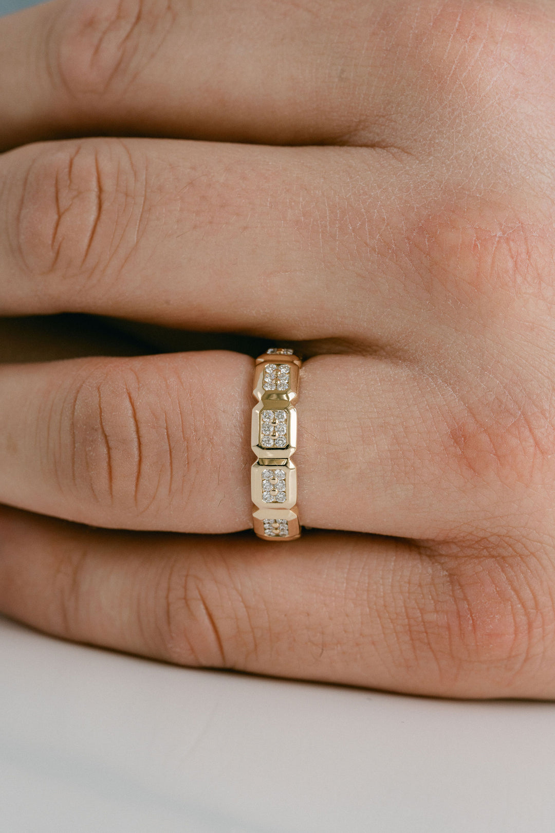 Faceted Geometric Diamond Pavè Mens Band