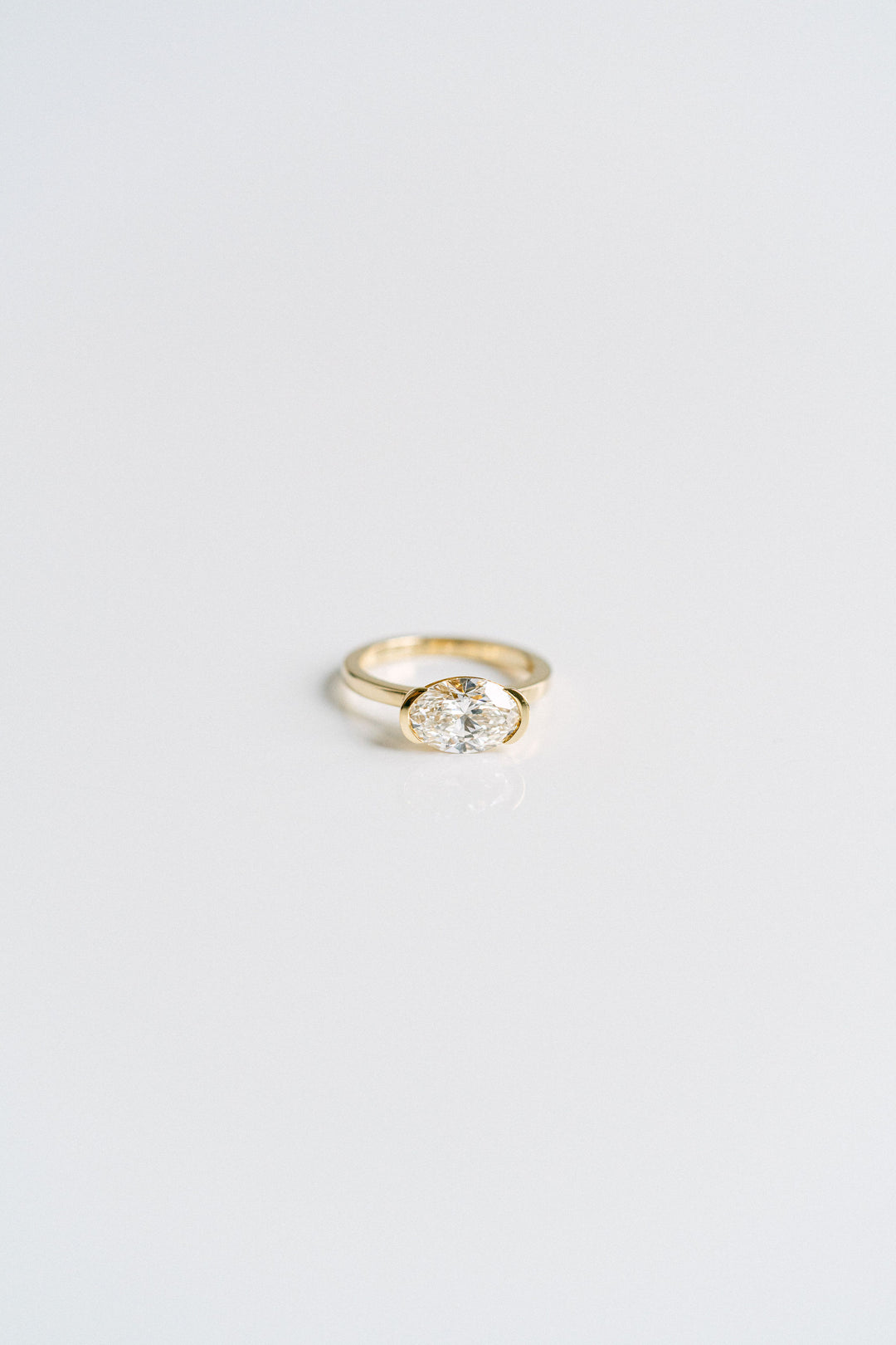Oval East-West Half Bezel Diamond Engagement Ring, 14k Yellow Gold
