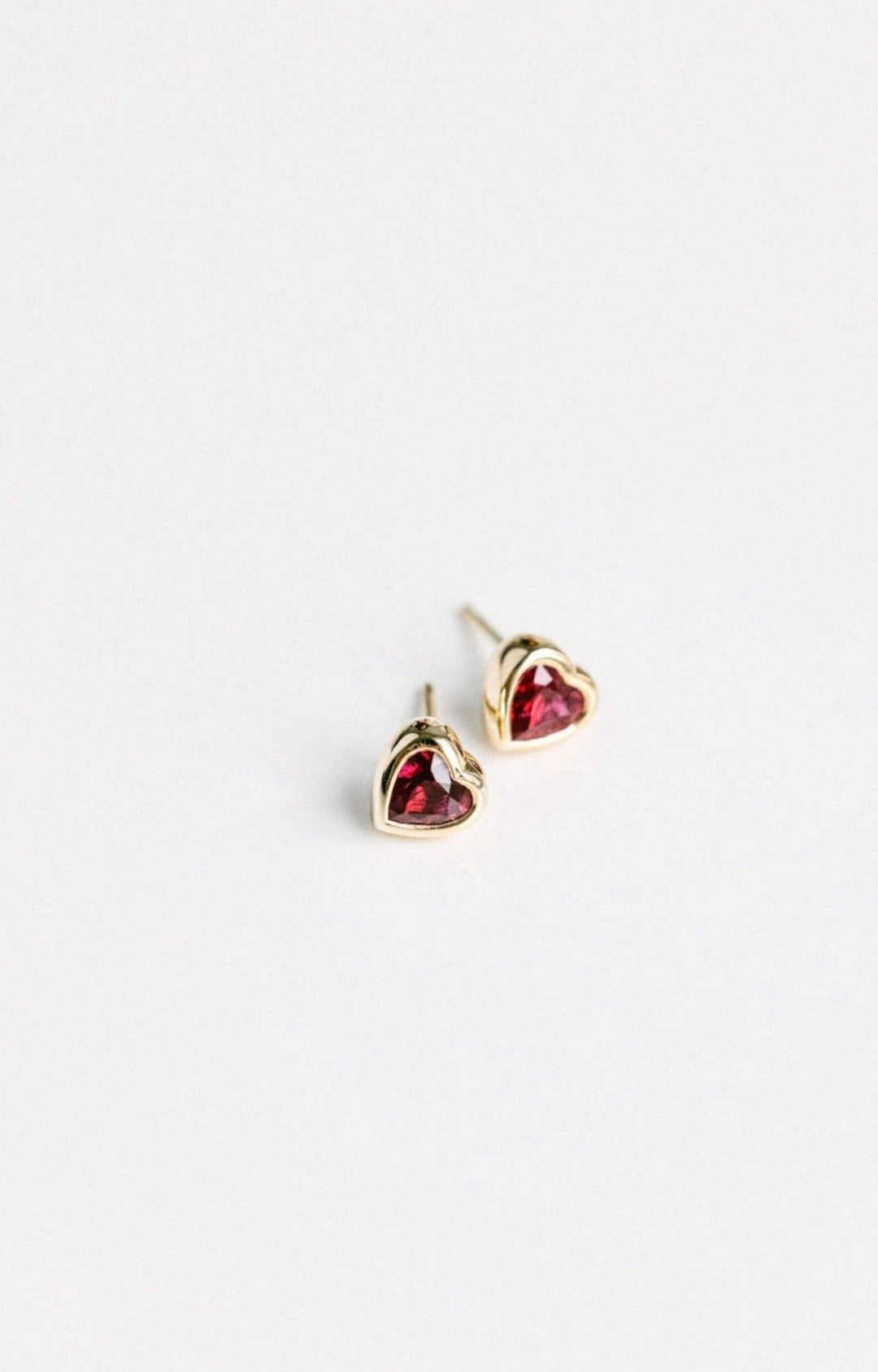 0.97ctw. Heart Shape Burmese Ruby Bezel Studs, 14k Yellow Gold