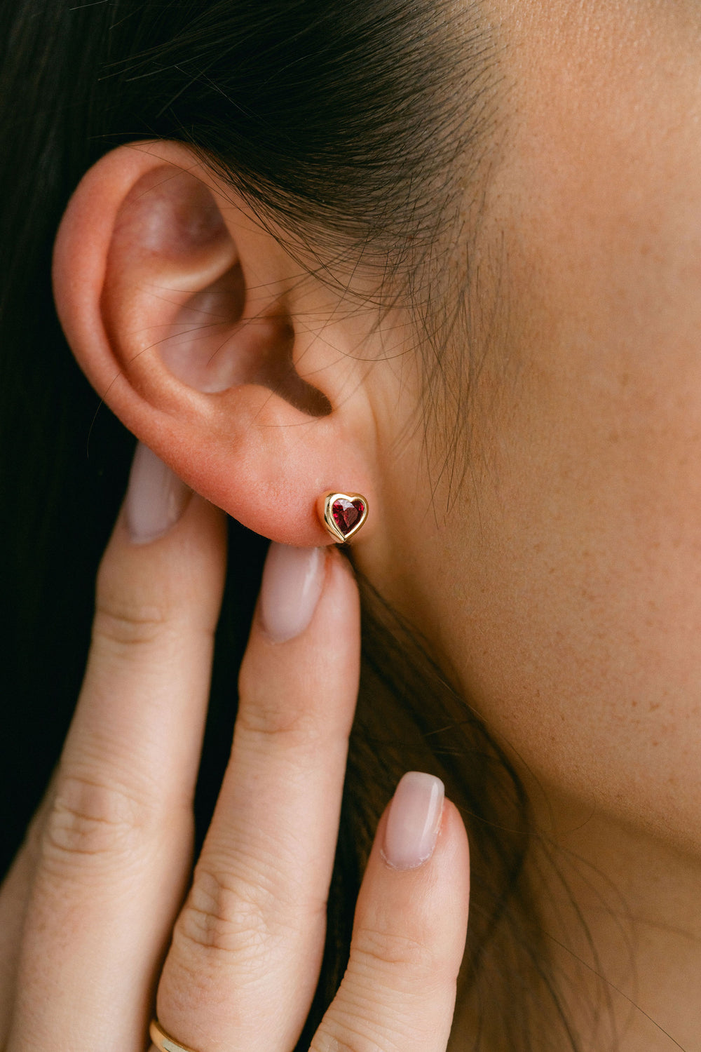 0.97ctw. Heart Shape Burmese Ruby Bezel Studs, 14k Yellow Gold