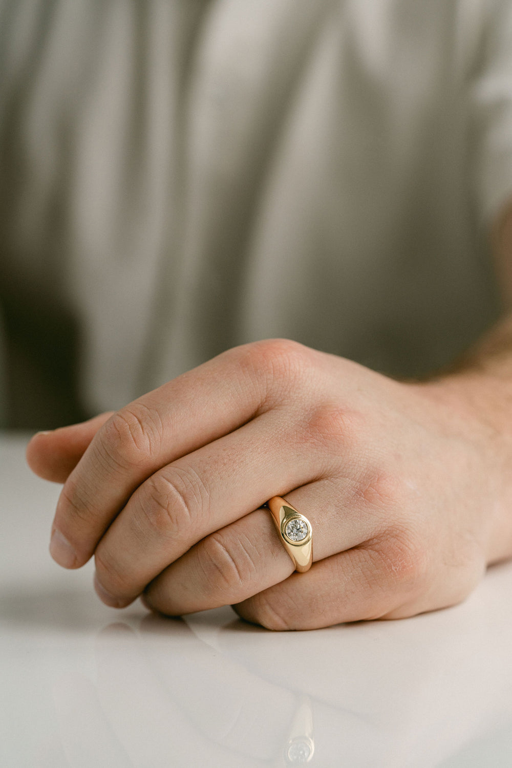 Polished Mens Signet Ring With Round Diamond, 14k Yellow Gold