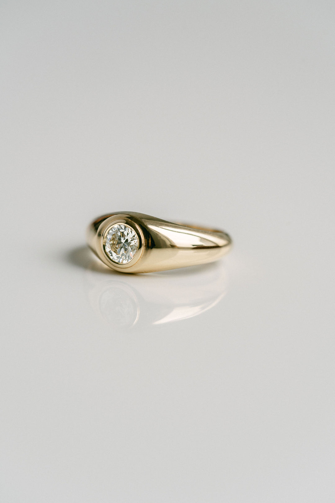 Polished Mens Signet Ring With Round Diamond, 14k Yellow Gold