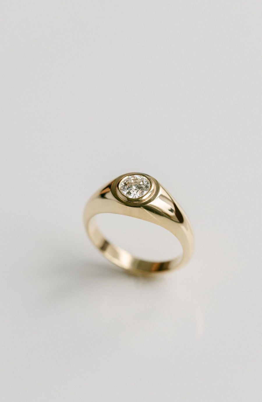Polished Mens Signet Ring With Round Diamond, 14k Yellow Gold