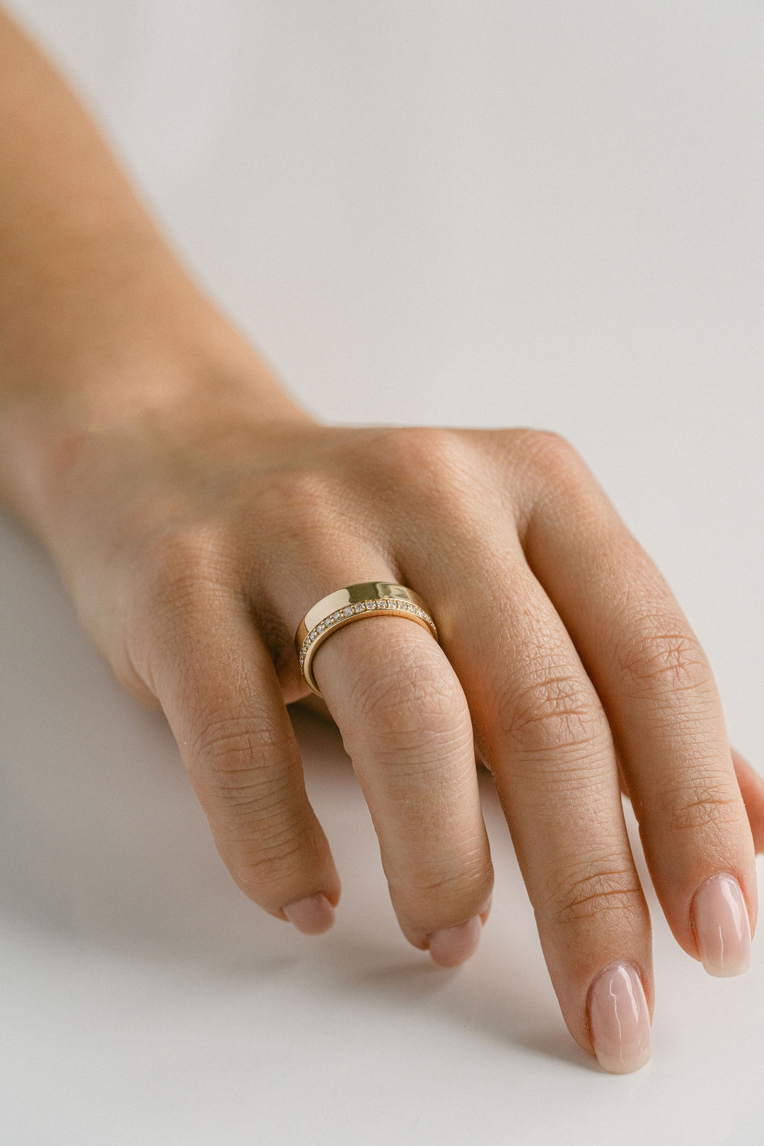 Flat Polished Cigar Band With Offset Pavé Diamonds