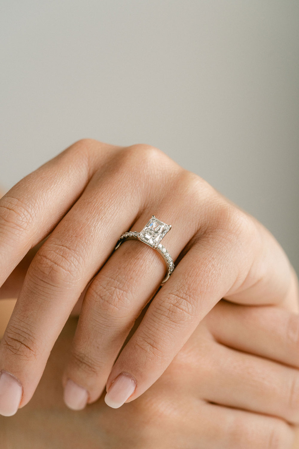 Radiant Cut Diamond Engagement Ring With Diamond Pavé Band, 14k White Gold