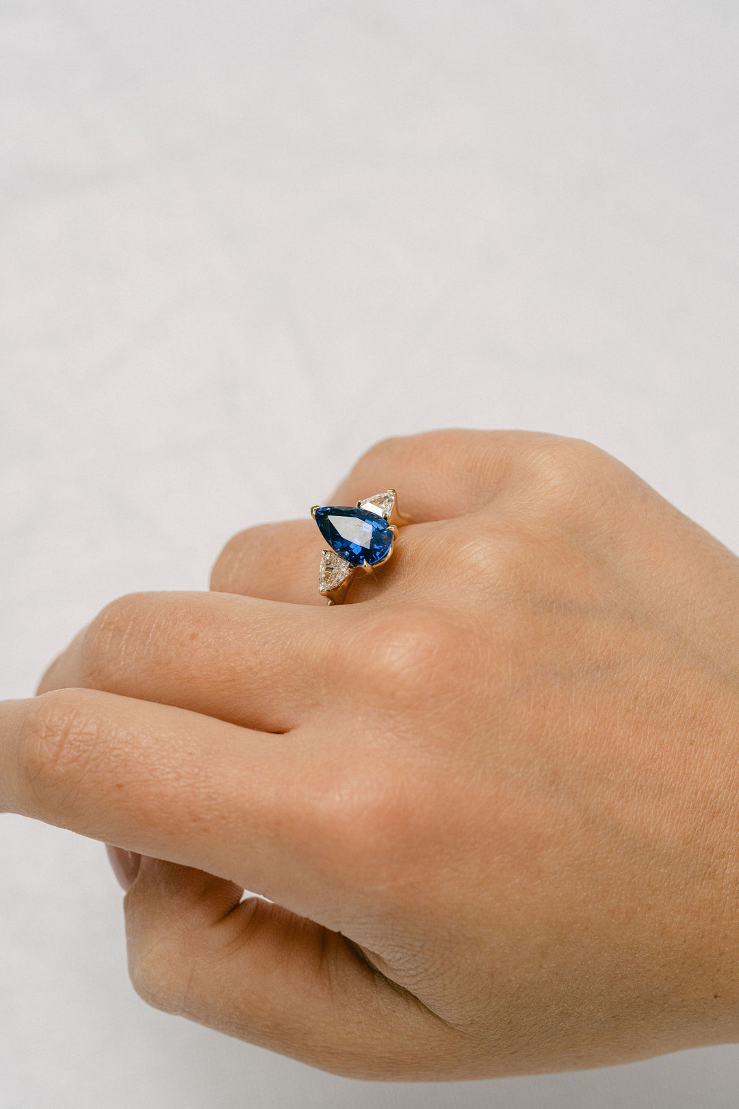 Pear Shape Blue Sri Lankan Sapphire With Shield Shape Diamond Accents, 14k Yellow Gold