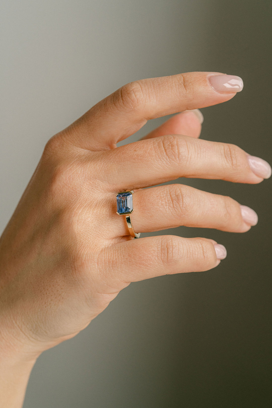 Emerald Cut Blue Sri Lankan Sapphire East-West Half Bezel, 14k Yellow Gold