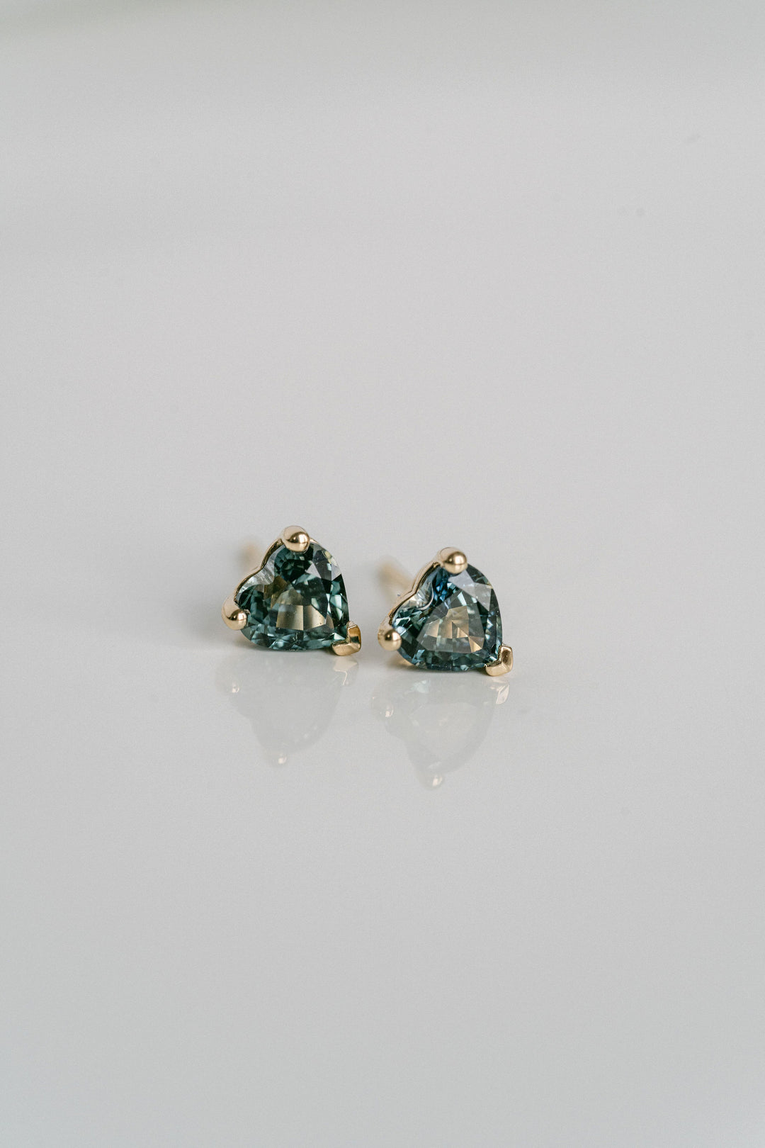 Heart Shape Blue-Green Sri Lankan Sapphire Studs, 14k Yellow Gold