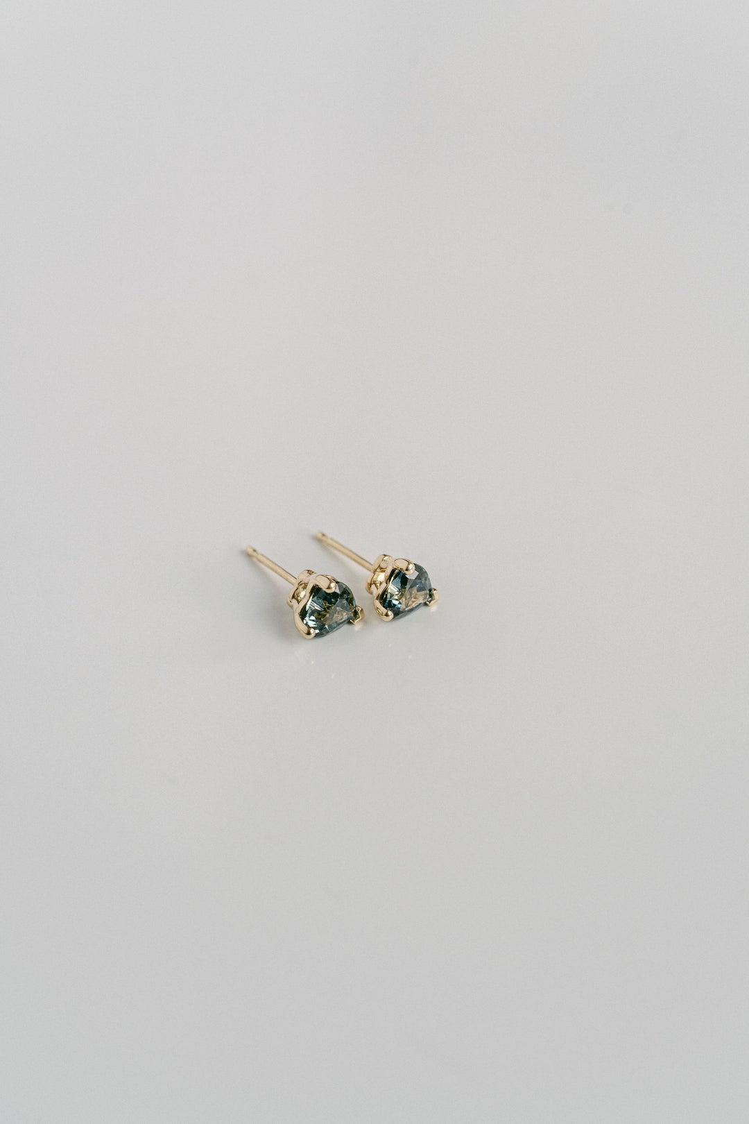 Heart Shape Blue-Green Sri Lankan Sapphire Studs, 14k Yellow Gold