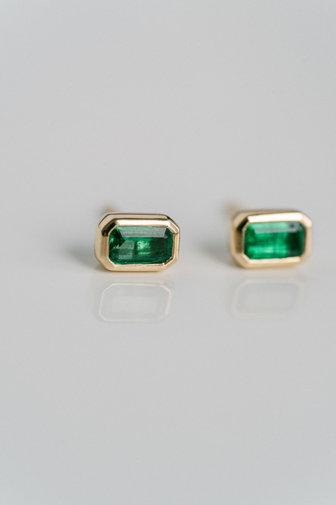 Emerald Cut Colombian Emerald Bezel Studs, 14k Yellow Gold