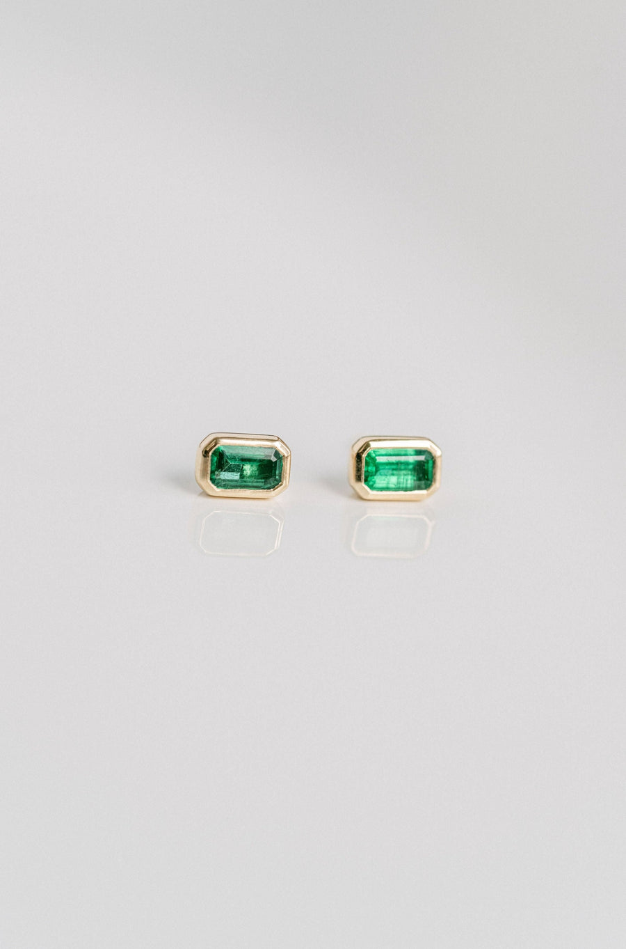 Emerald Cut Colombian Emerald Bezel Studs, 14k Yellow Gold