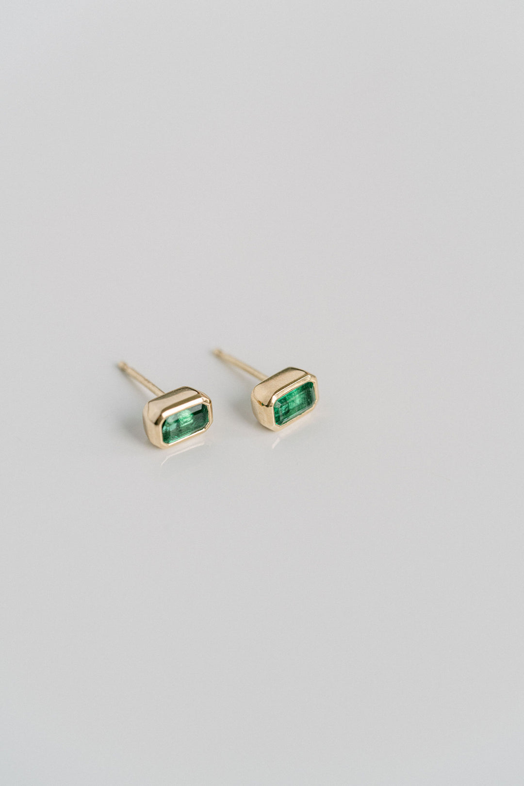 Emerald Cut Colombian Emerald Bezel Studs, 14k Yellow Gold