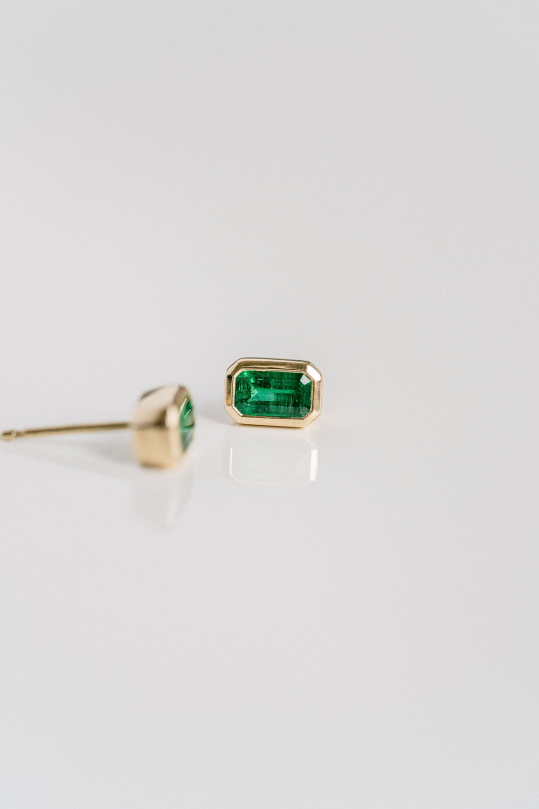 Emerald Cut Colombian Emerald Bezel Studs, 14k Yellow Gold