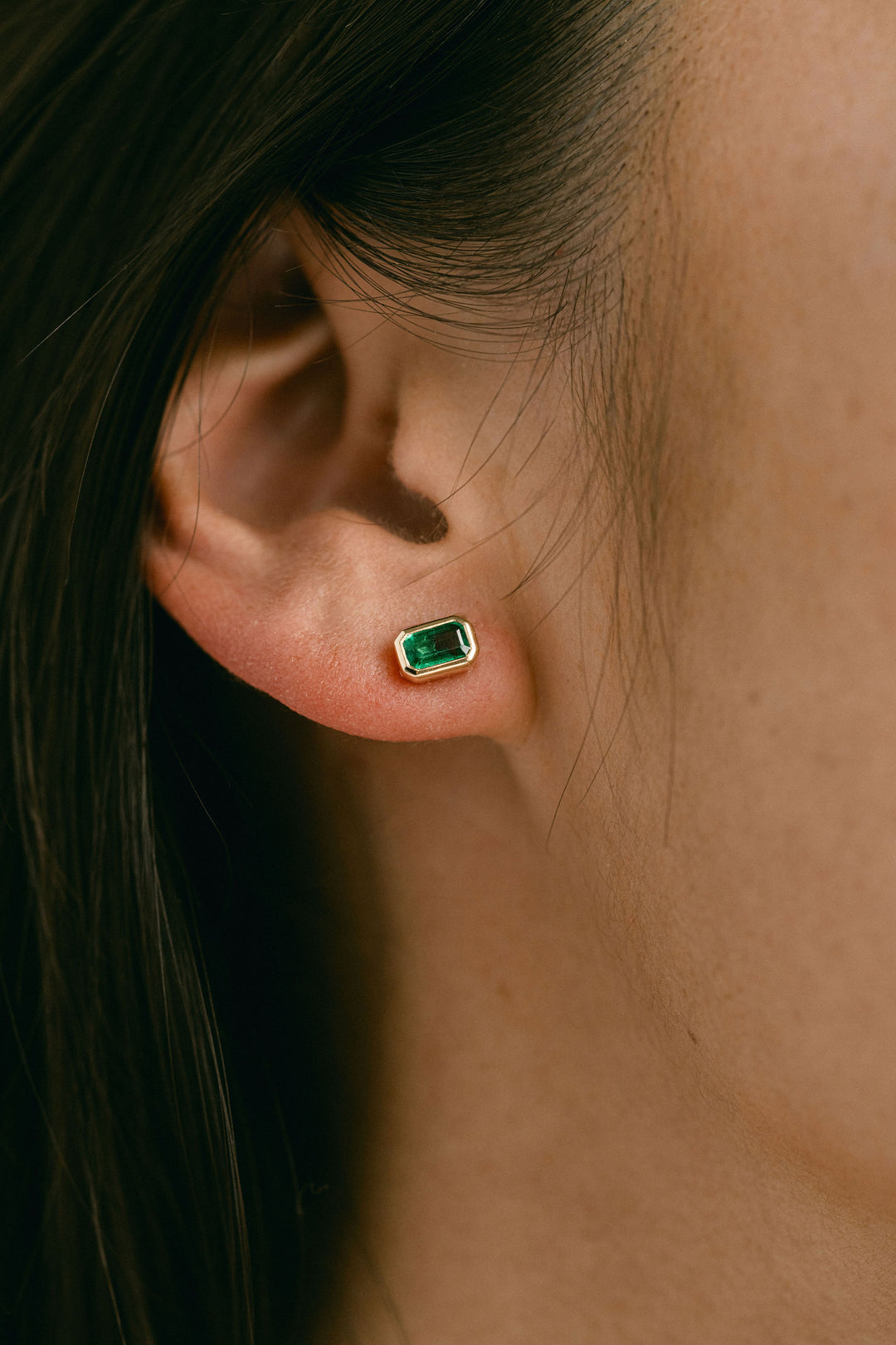 Emerald Cut Colombian Emerald Bezel Studs, 14k Yellow Gold