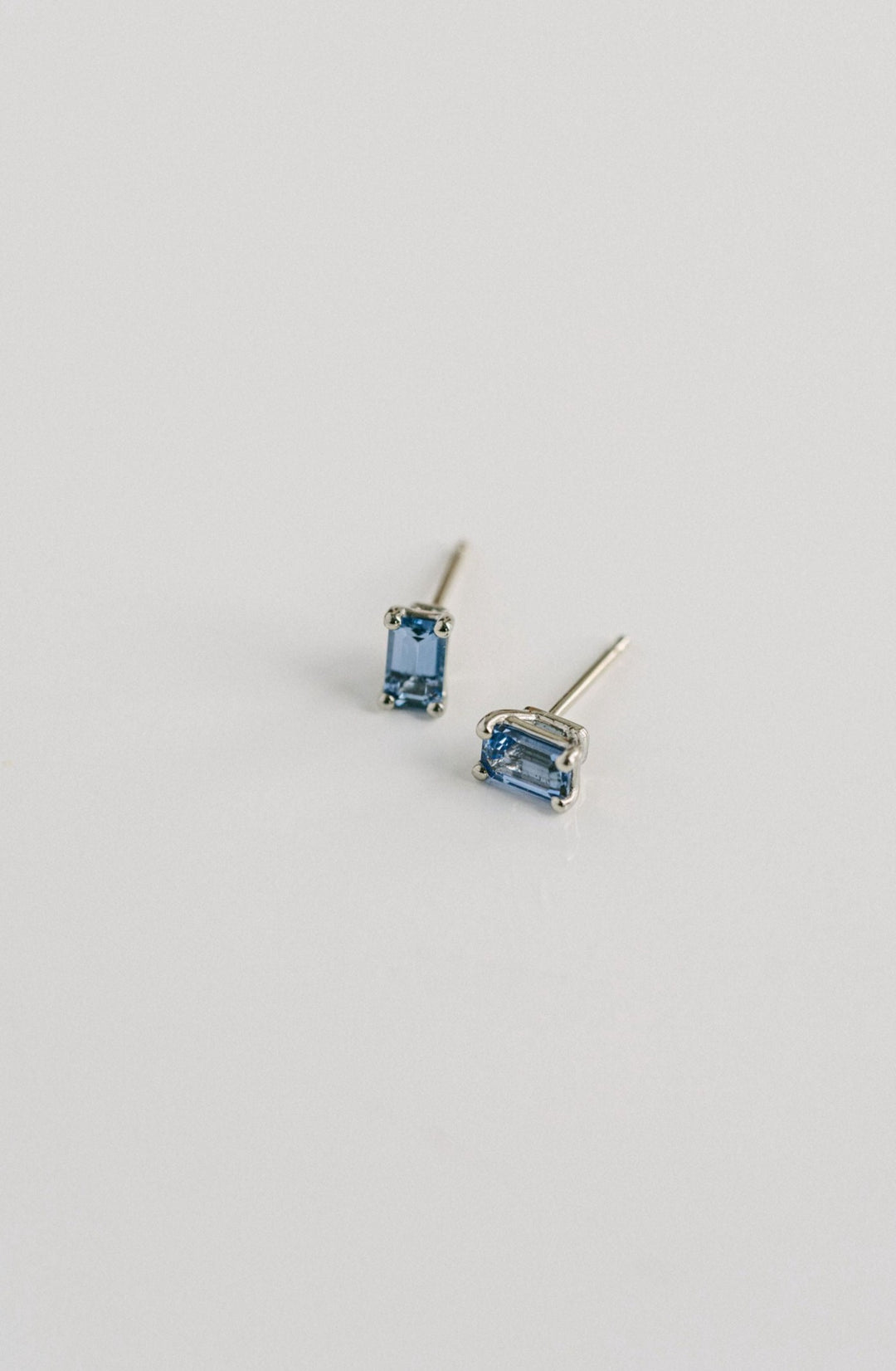 Emerald Cut Blue Sri Lankan Sapphire Studs, 14k White Gold