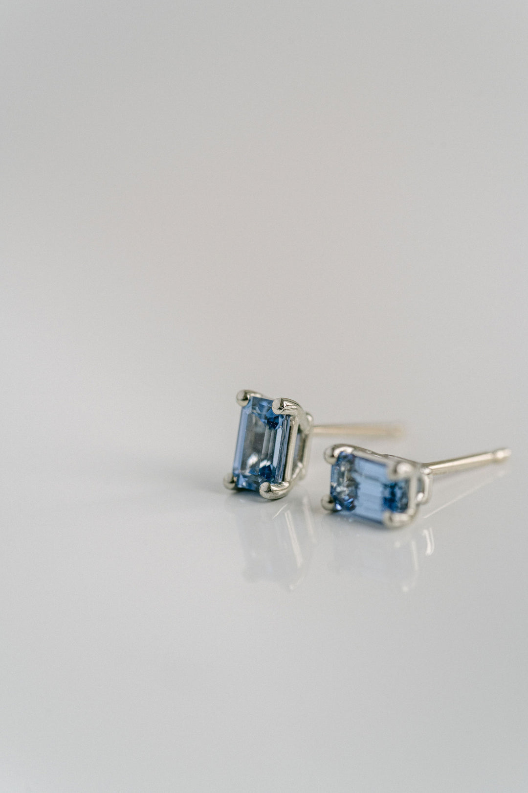 Emerald Cut Blue Sri Lankan Sapphire Studs, 14k White Gold