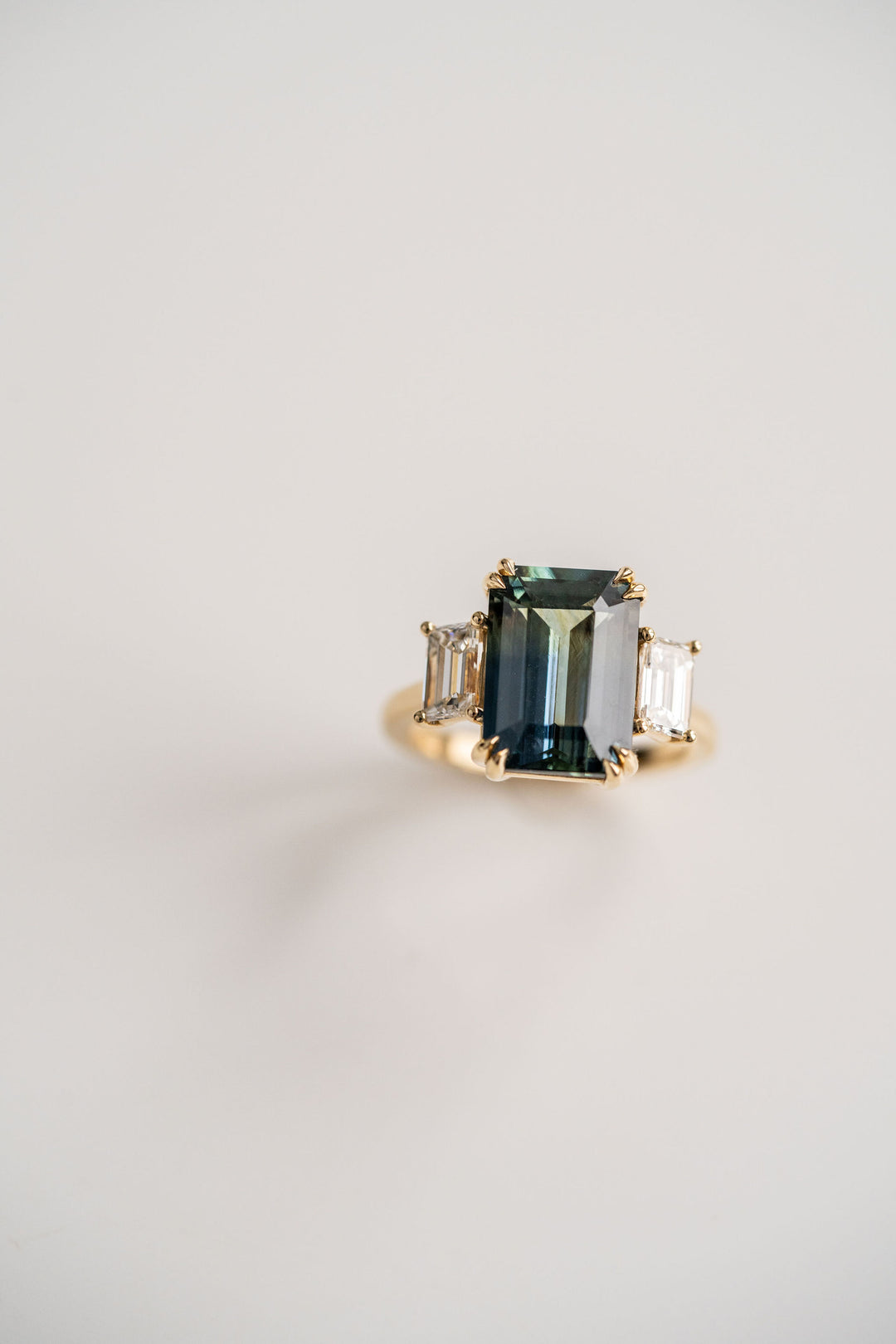 7.00ct. Emerald Cut Teal Sri Lankan Sapphire With Emerald Cut Diamond Accents, 14k Yellow Gold