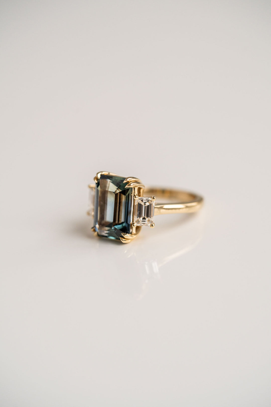 7.00ct. Emerald Cut Teal Sri Lankan Sapphire With Emerald Cut Diamond Accents, 14k Yellow Gold