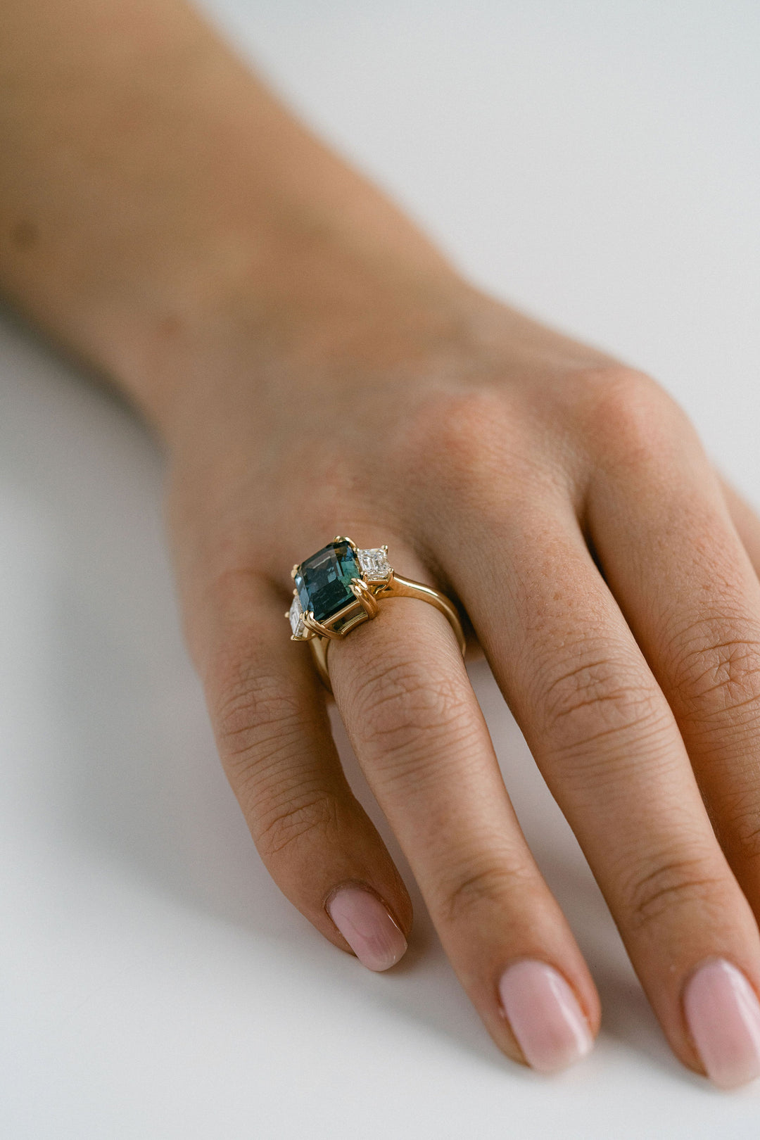 7.00ct. Emerald Cut Teal Sri Lankan Sapphire With Emerald Cut Diamond Accents, 14k Yellow Gold