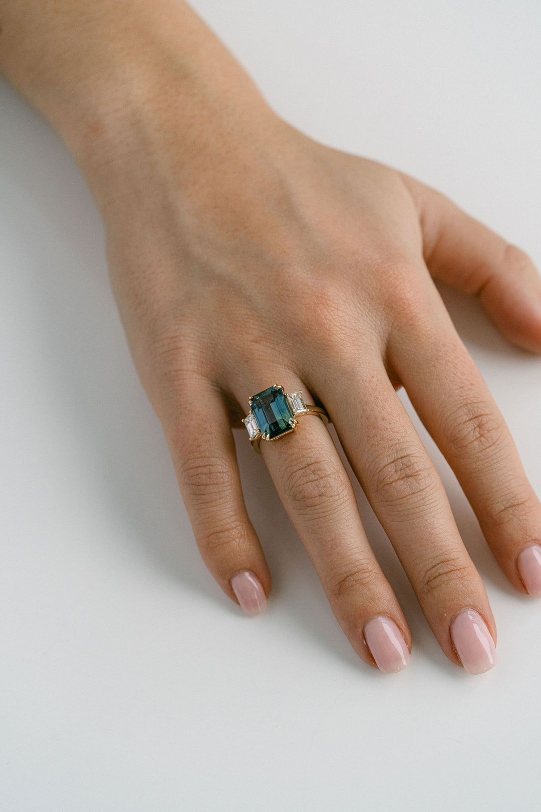 7.00ct. Emerald Cut Teal Sri Lankan Sapphire With Emerald Cut Diamond Accents, 14k Yellow Gold