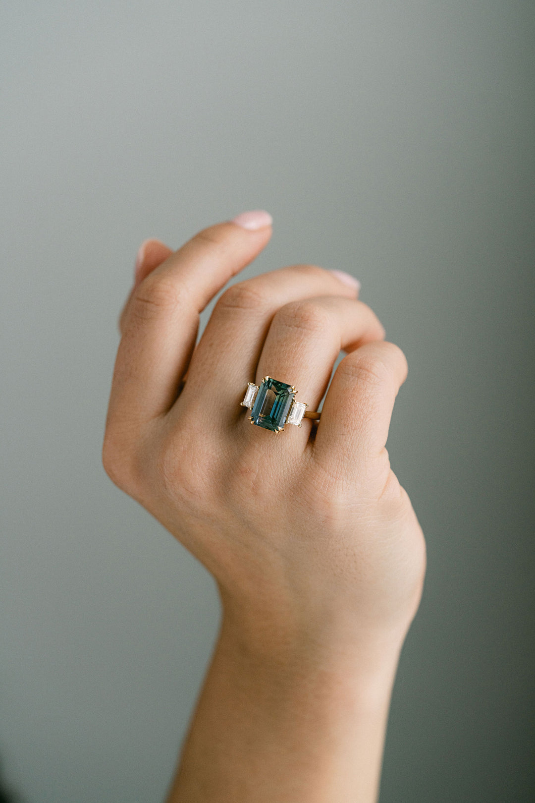 7.00ct. Emerald Cut Teal Sri Lankan Sapphire With Emerald Cut Diamond Accents, 14k Yellow Gold