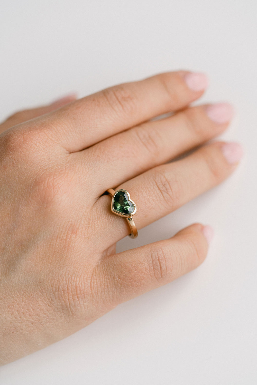 2.21ct. Heart Shape West Coast Green Bezel Set Sri Lankan Sapphire, 14k Yellow Gold