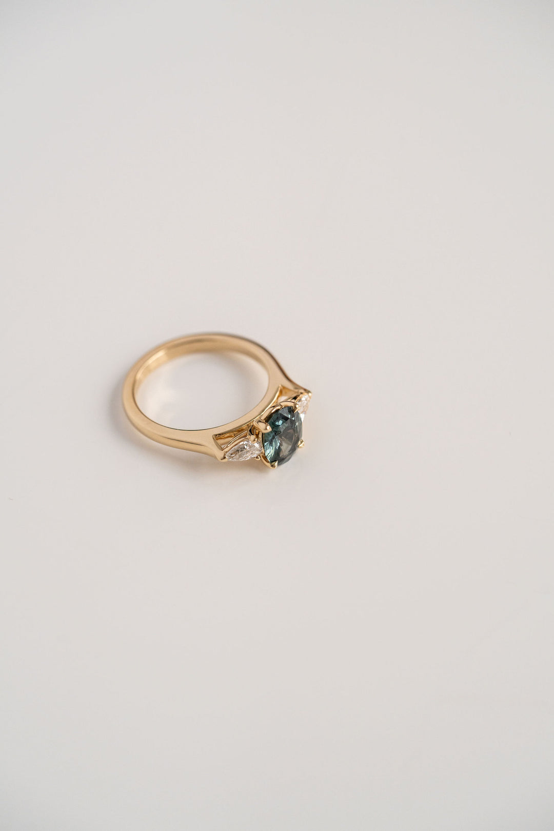 1.59ct. Oval Blue-Green Sri Lankan Sapphire Engagement Ring With Pear Shape Diamond Accents, 14k Yellow Gold