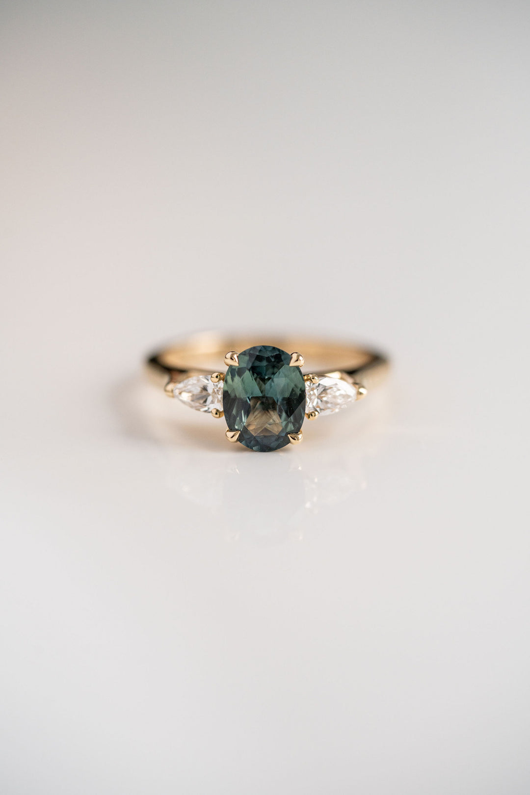 1.59ct. Oval Blue-Green Sri Lankan Sapphire Engagement Ring With Pear Shape Diamond Accents, 14k Yellow Gold