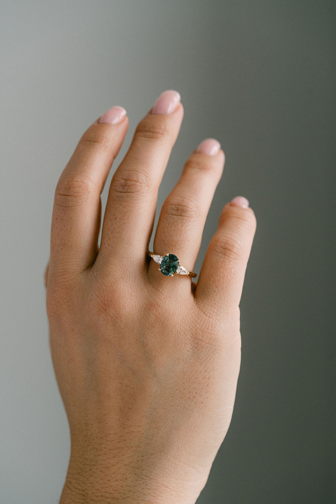 1.59ct. Oval Blue-Green Sri Lankan Sapphire Engagement Ring With Pear Shape Diamond Accents, 14k Yellow Gold