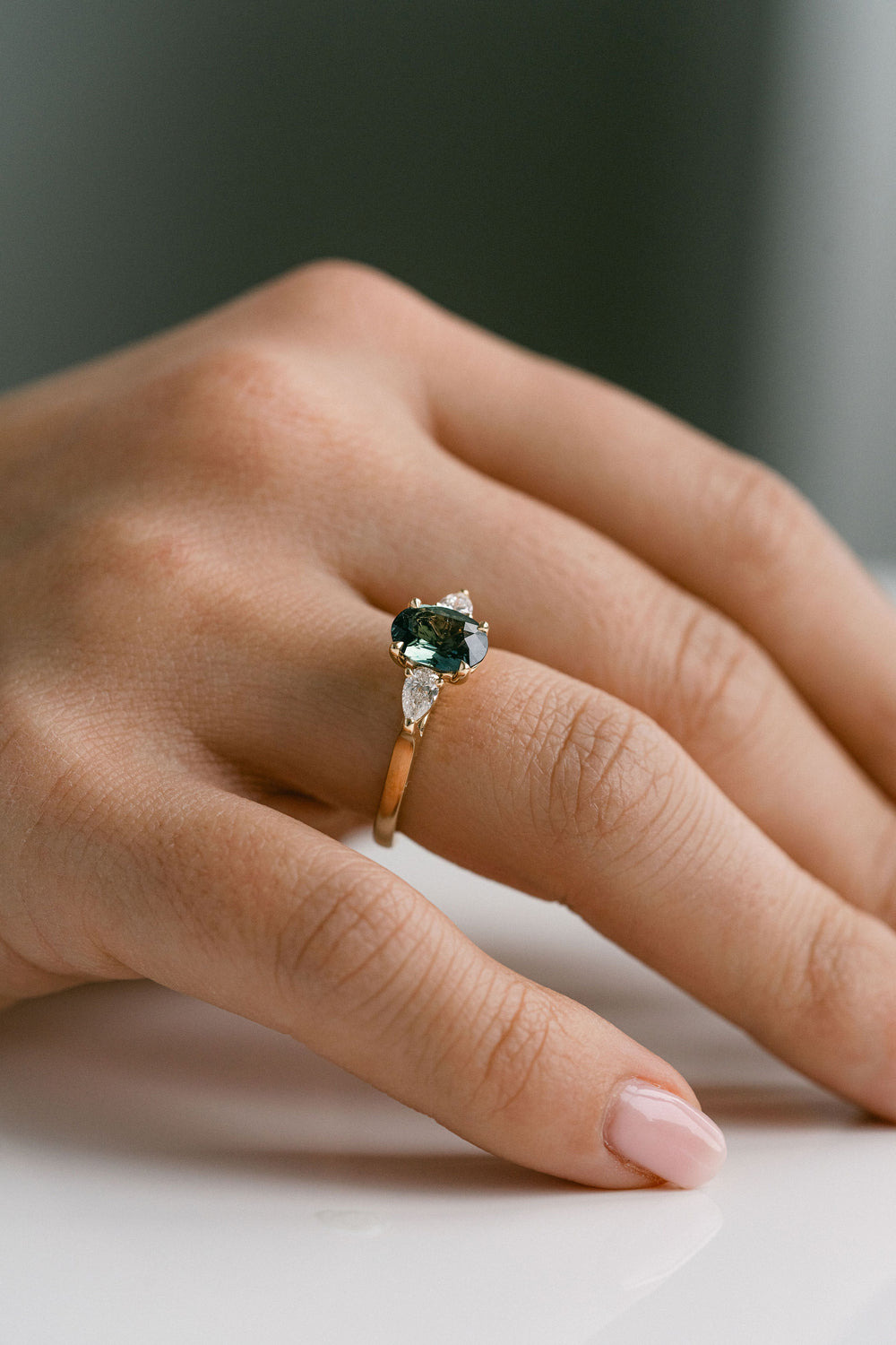1.59ct. Oval Blue-Green Sri Lankan Sapphire Engagement Ring With Pear Shape Diamond Accents, 14k Yellow Gold