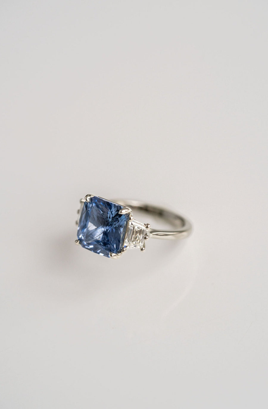 6.20ct Radiant Cut Blue Sri Lankan Sapphire With Trapezoid Diamond Accents, 14k White Gold