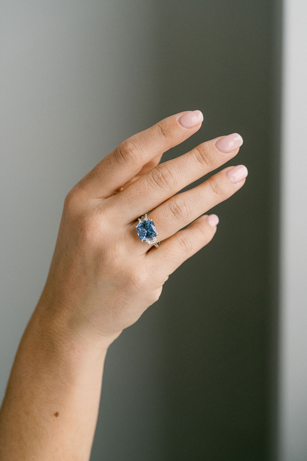 6.20ct Radiant Cut Blue Sri Lankan Sapphire With Trapezoid Diamond Accents, 14k White Gold