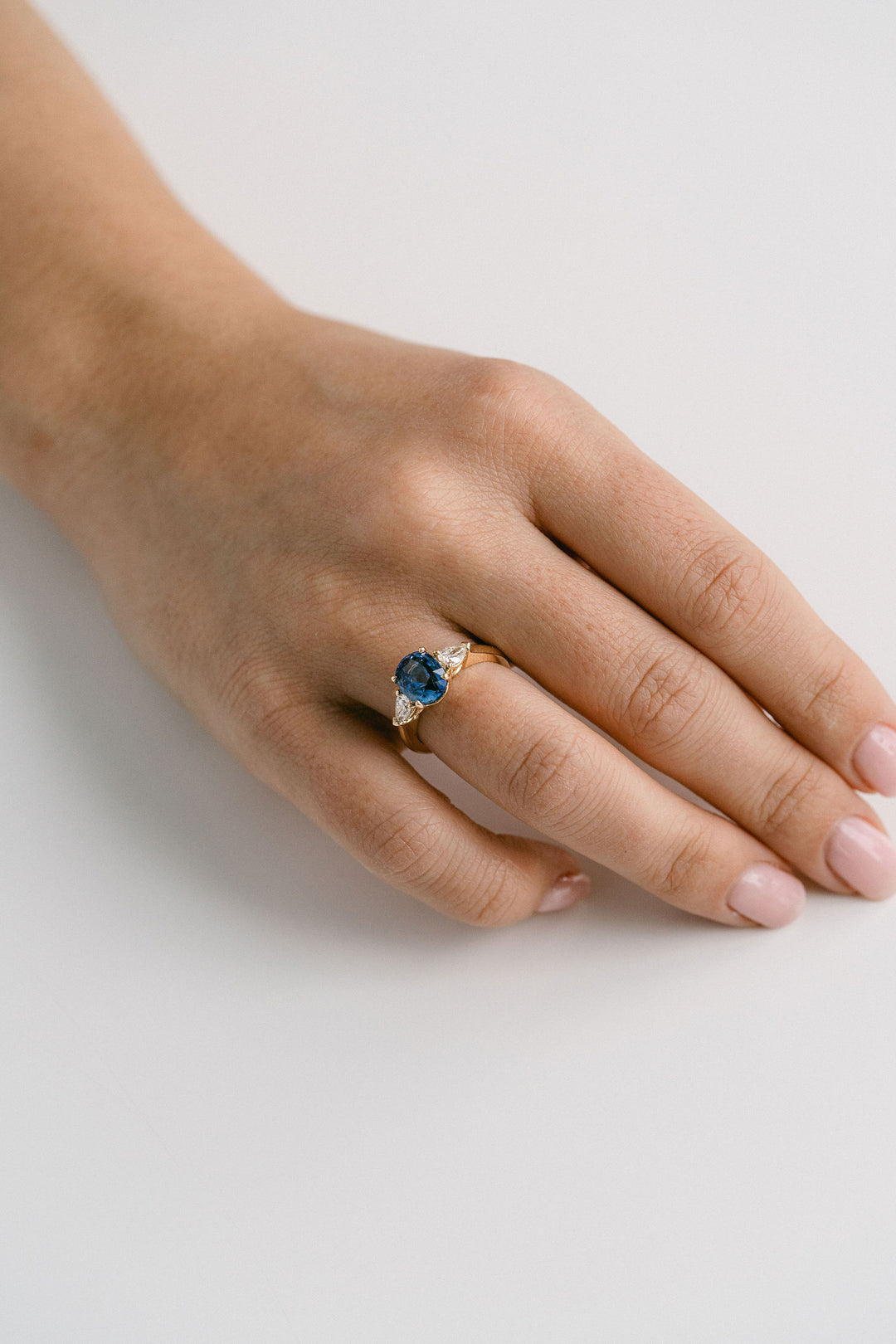 3.24ct. Oval Blue Sri Lankan Sapphire Engagement Ring With Pear Shape Diamond Accents, 14k Yellow Gold