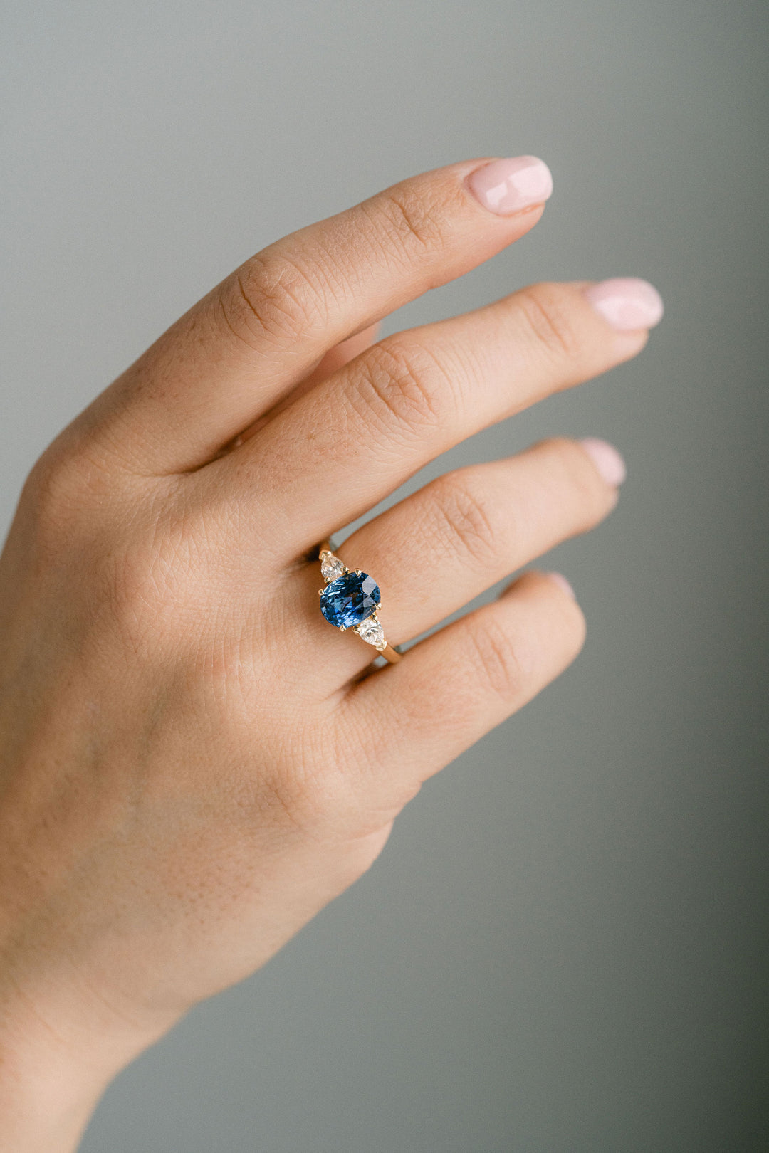 3.24ct. Oval Blue Sri Lankan Sapphire Engagement Ring With Pear Shape Diamond Accents, 14k Yellow Gold
