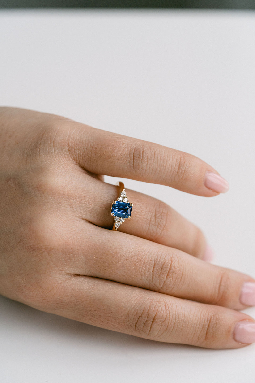 1.60ct. Emerald Cut Blue Sri Lankan Sapphire Engagement Ring With Diamond Cluster Accents, 14k Yellow Gold