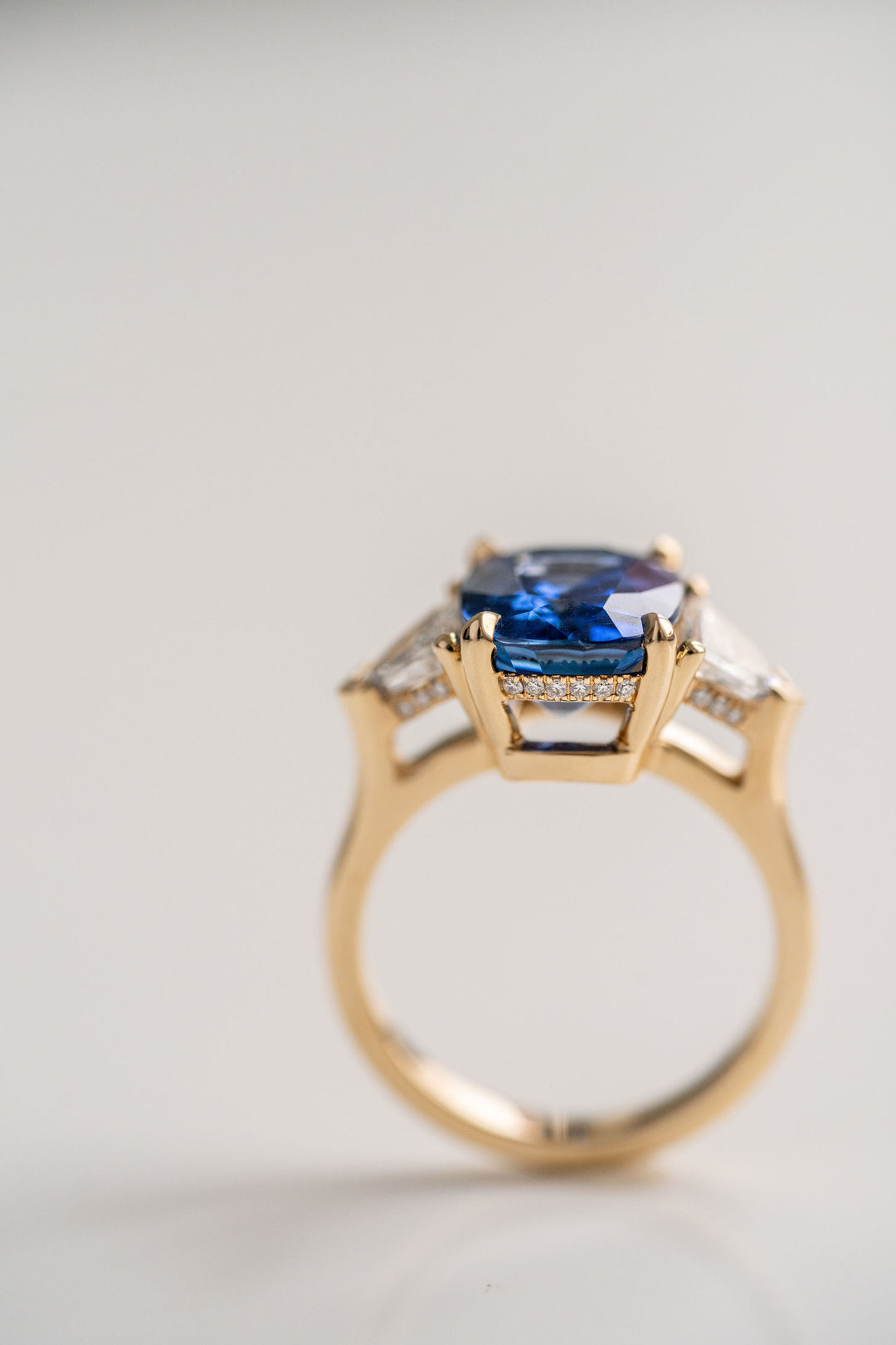 5.41ct. Cushion Cut Blue Sri Lankan Sapphire With Cadillac Diamond Accents, 14k Yellow Gold