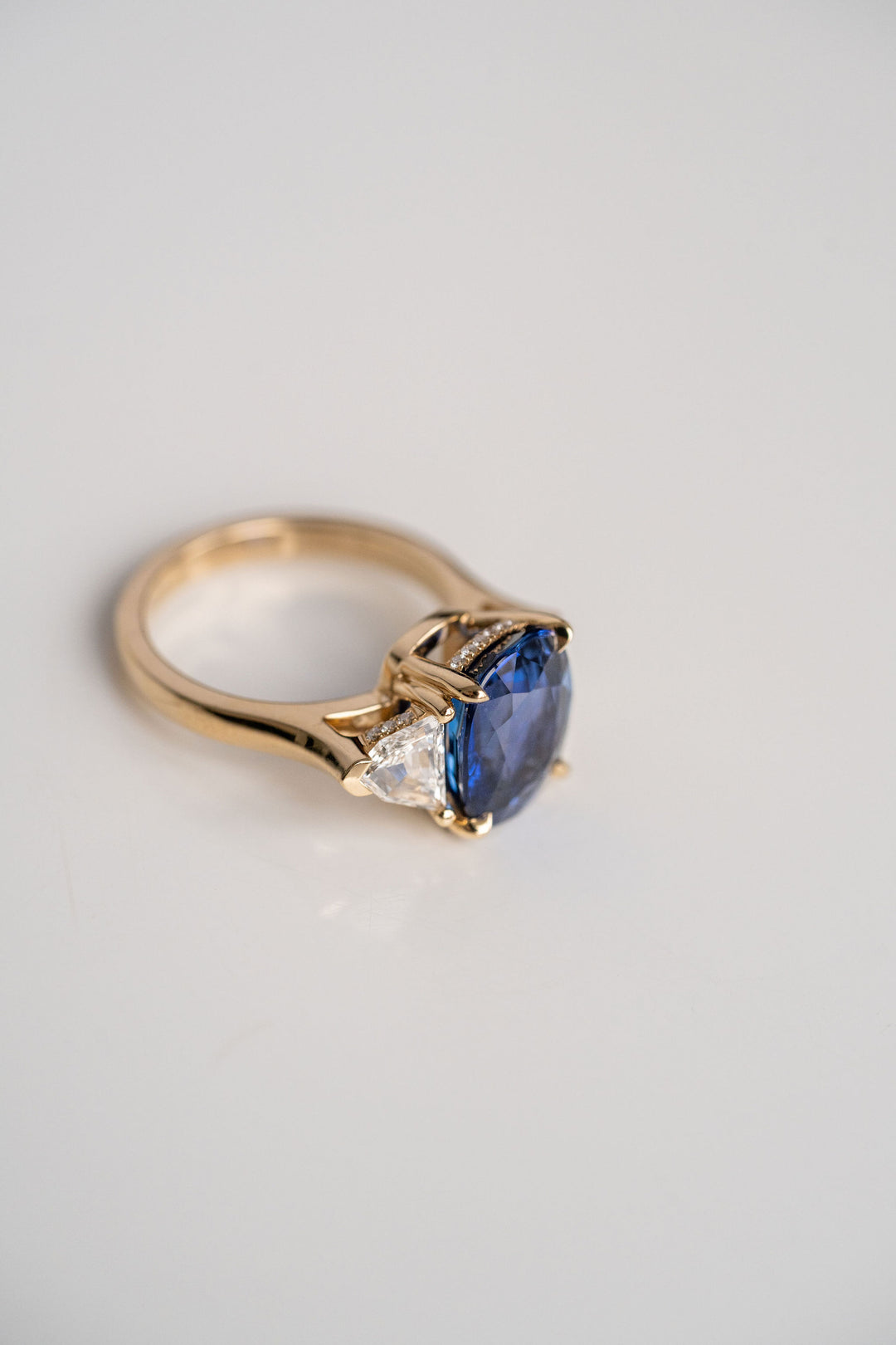 5.41ct. Cushion Cut Blue Sri Lankan Sapphire With Cadillac Diamond Accents, 14k Yellow Gold