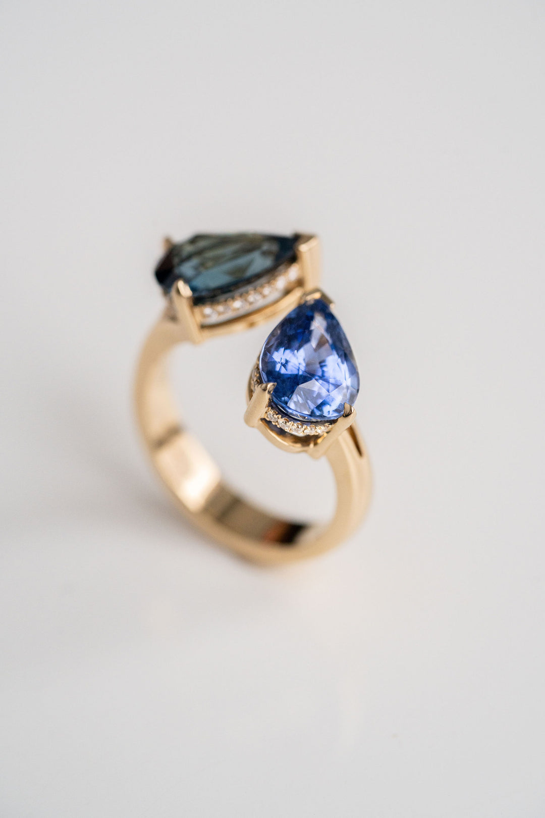 Pear Shape Blue & Teal Sri Lankan Sapphire Toi et Moi Gap Ring With Diamond Collar, 14k Yellow Gold