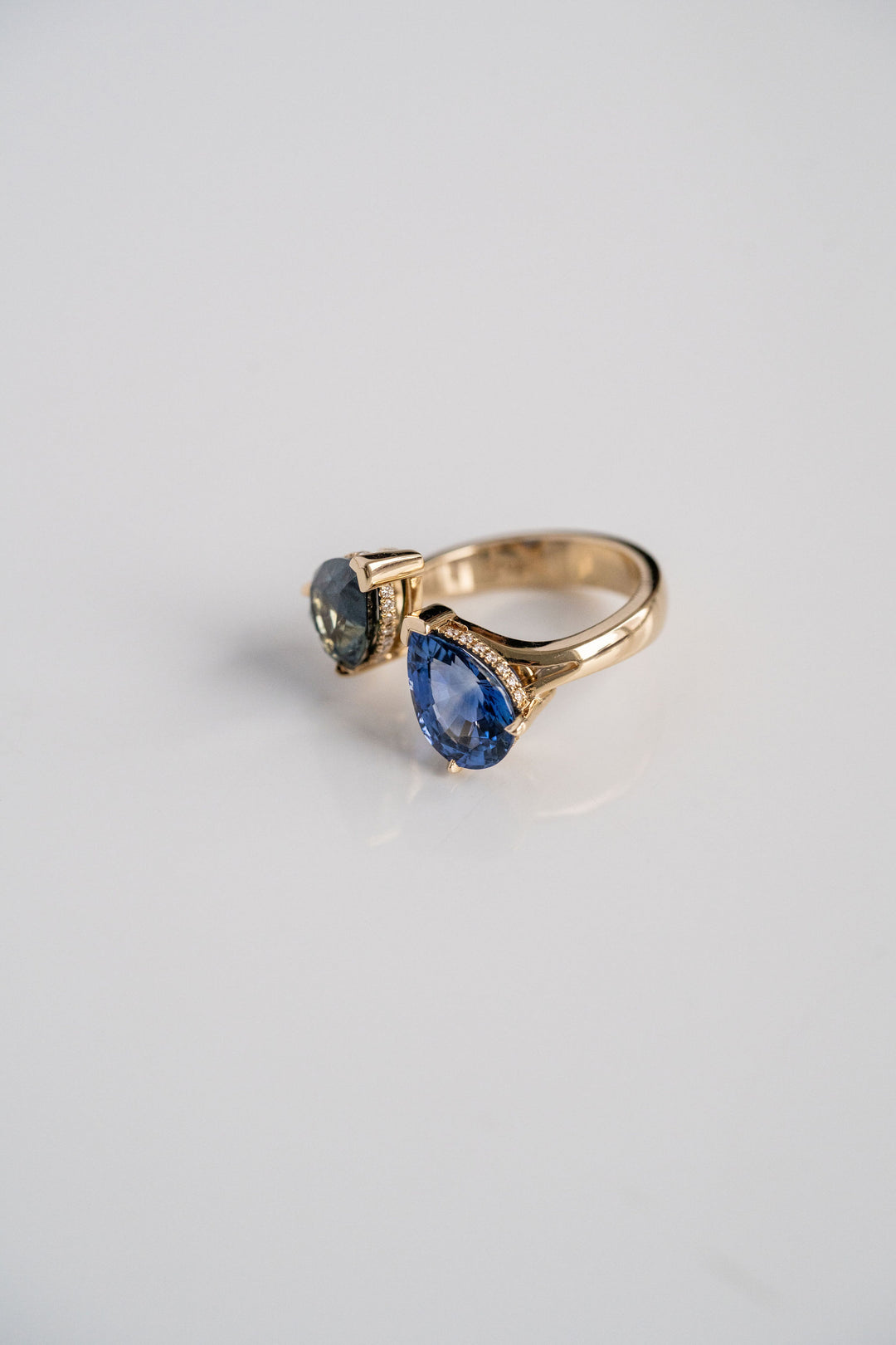 Pear Shape Blue & Teal Sri Lankan Sapphire Toi et Moi Gap Ring With Diamond Collar, 14k Yellow Gold