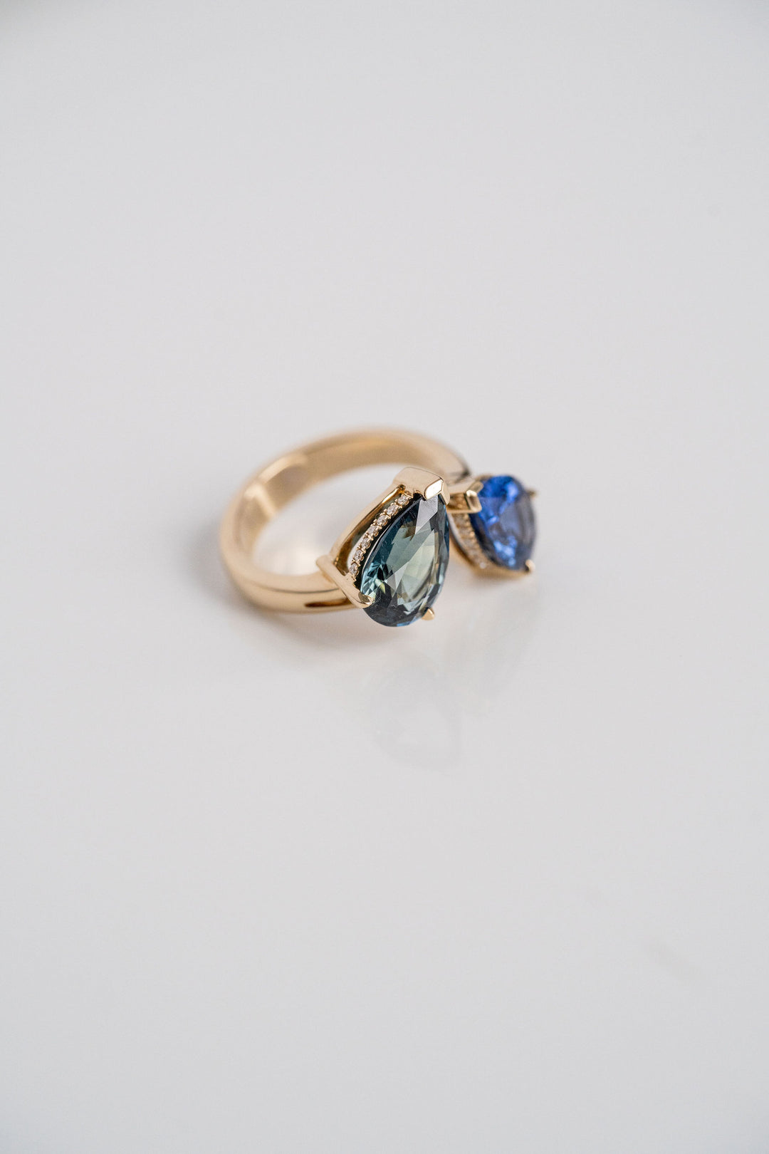 Pear Shape Blue & Teal Sri Lankan Sapphire Toi et Moi Gap Ring With Diamond Collar, 14k Yellow Gold