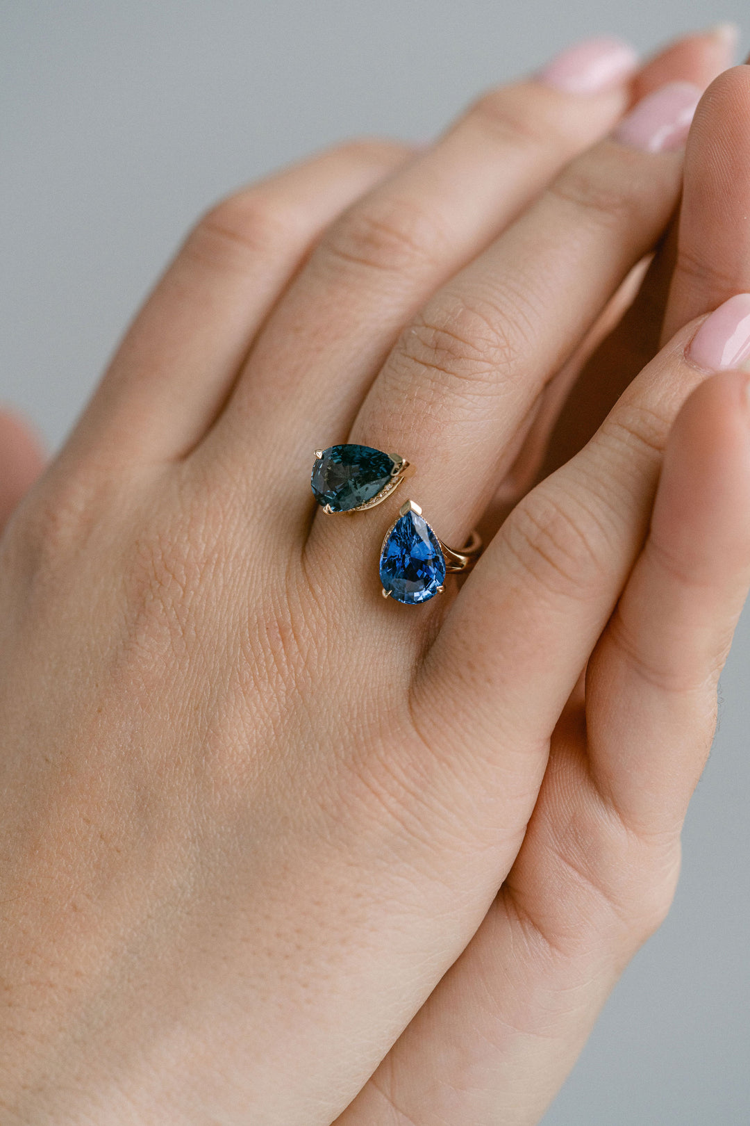 Pear Shape Blue & Teal Sri Lankan Sapphire Toi et Moi Gap Ring With Diamond Collar, 14k Yellow Gold