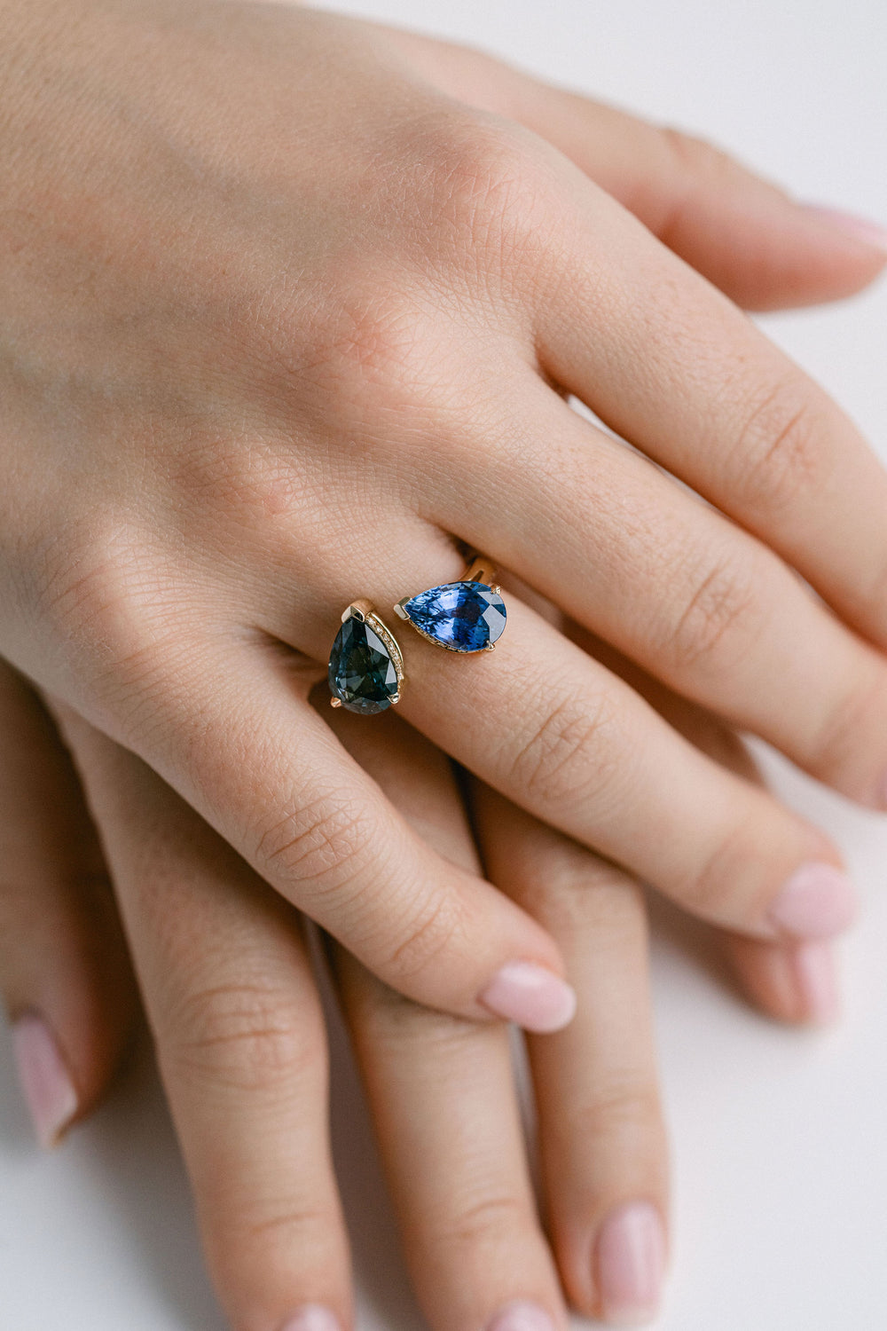 Pear Shape Blue & Teal Sri Lankan Sapphire Toi et Moi Gap Ring With Diamond Collar, 14k Yellow Gold