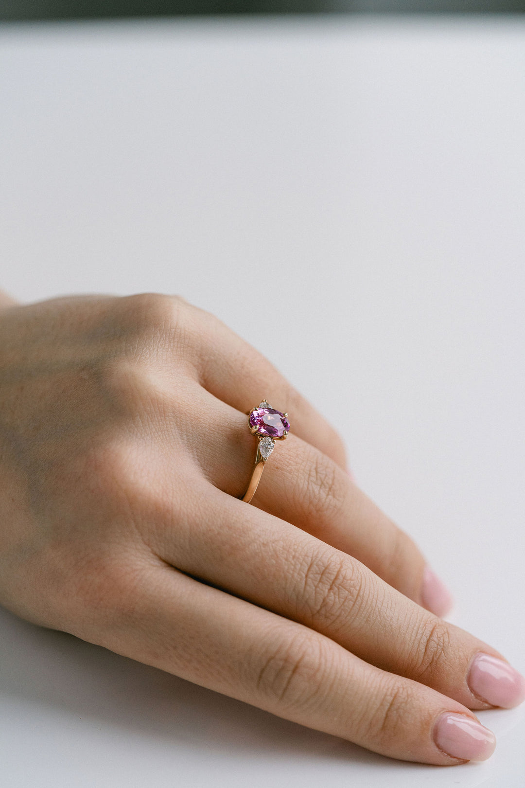 2.18ct. Vivid Pink Oval Sri Lankan Sapphire With Pear Shape Diamond Accents, 14k Yellow Gold