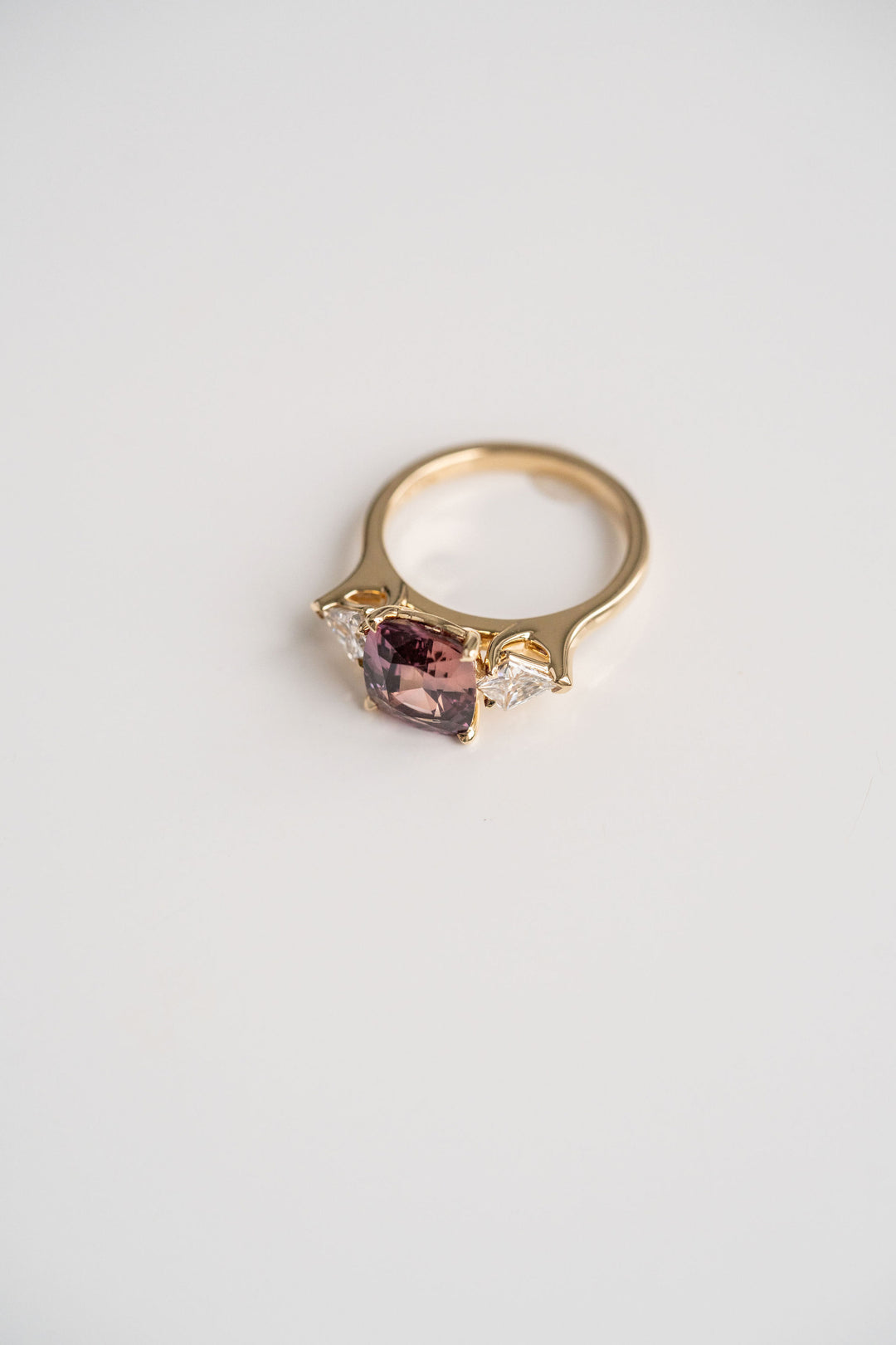 3.55ct. Cushion Cut Padparadscha Sapphire With Kite Shape Accents, 14k Yellow Gold