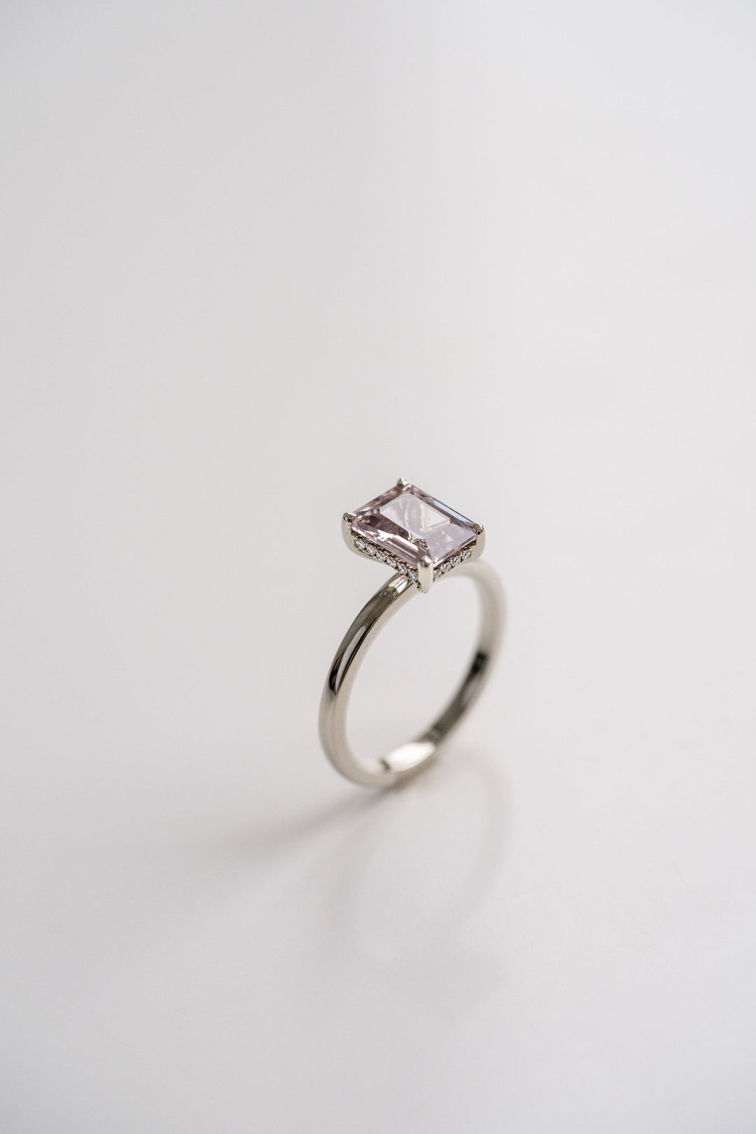 2.56ct. Emerald Cut Grey-Light Purple Sapphire Ring With Diamond Collar, 14k White Gold