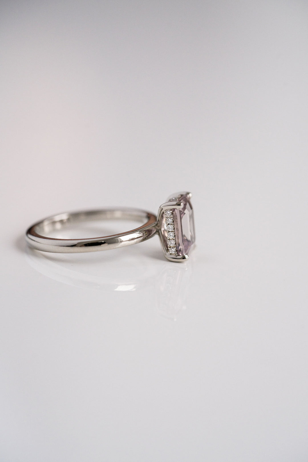 2.56ct. Emerald Cut Grey-Light Purple Sapphire Ring With Diamond Collar, 14k White Gold